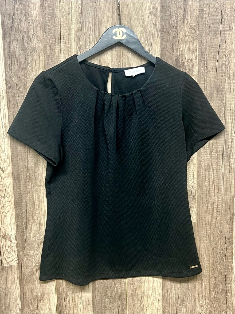 Calvin Klein Black Textured Pleated Neck Short Sleeve Blouse